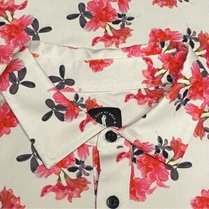 U Suck at Golf April Bouquet Polo Shirt Men XL Pink White Floral Lightweight